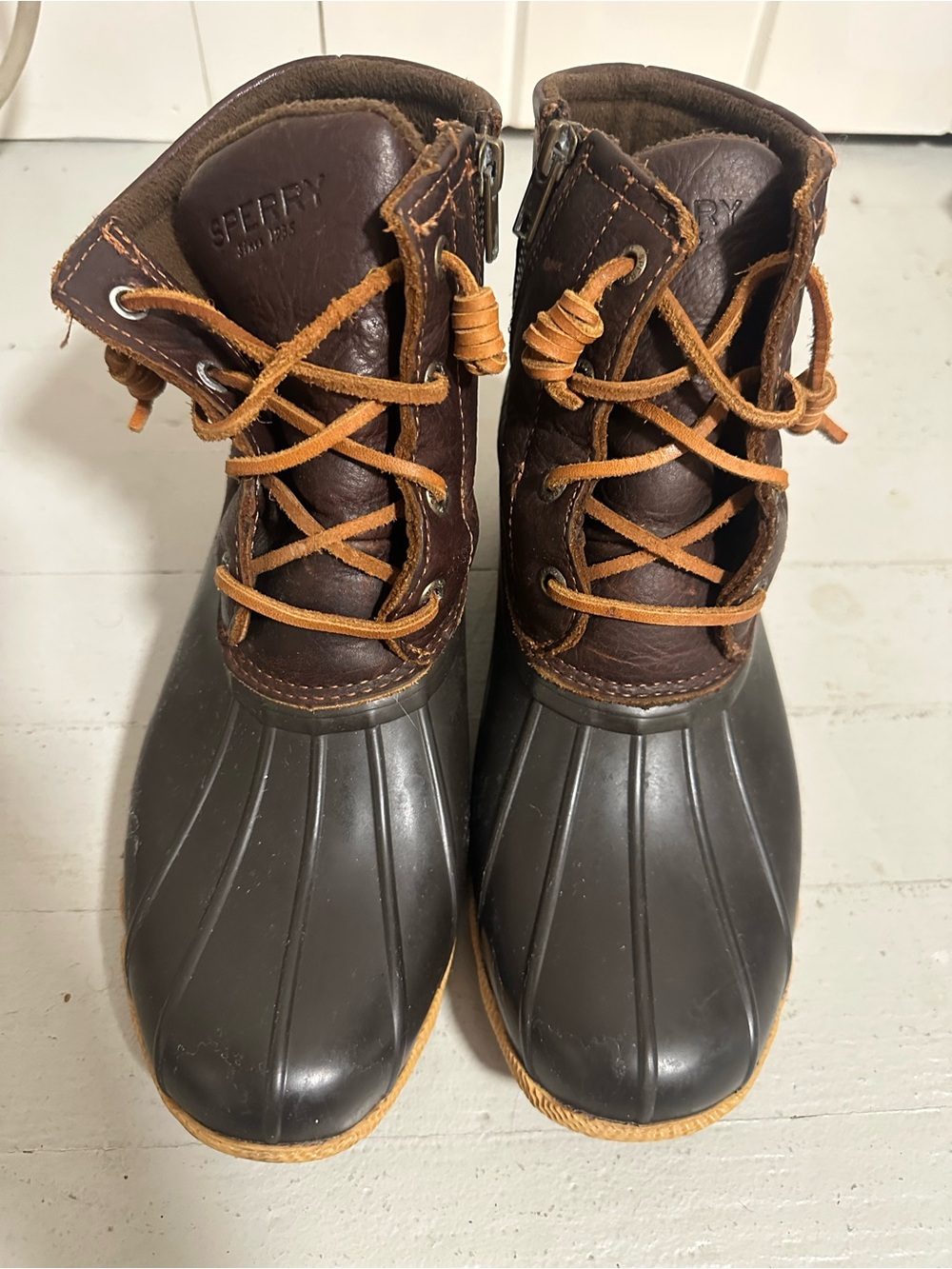 Sperry Men's Brown Leather and Dark Gray Rubber Duck Boots